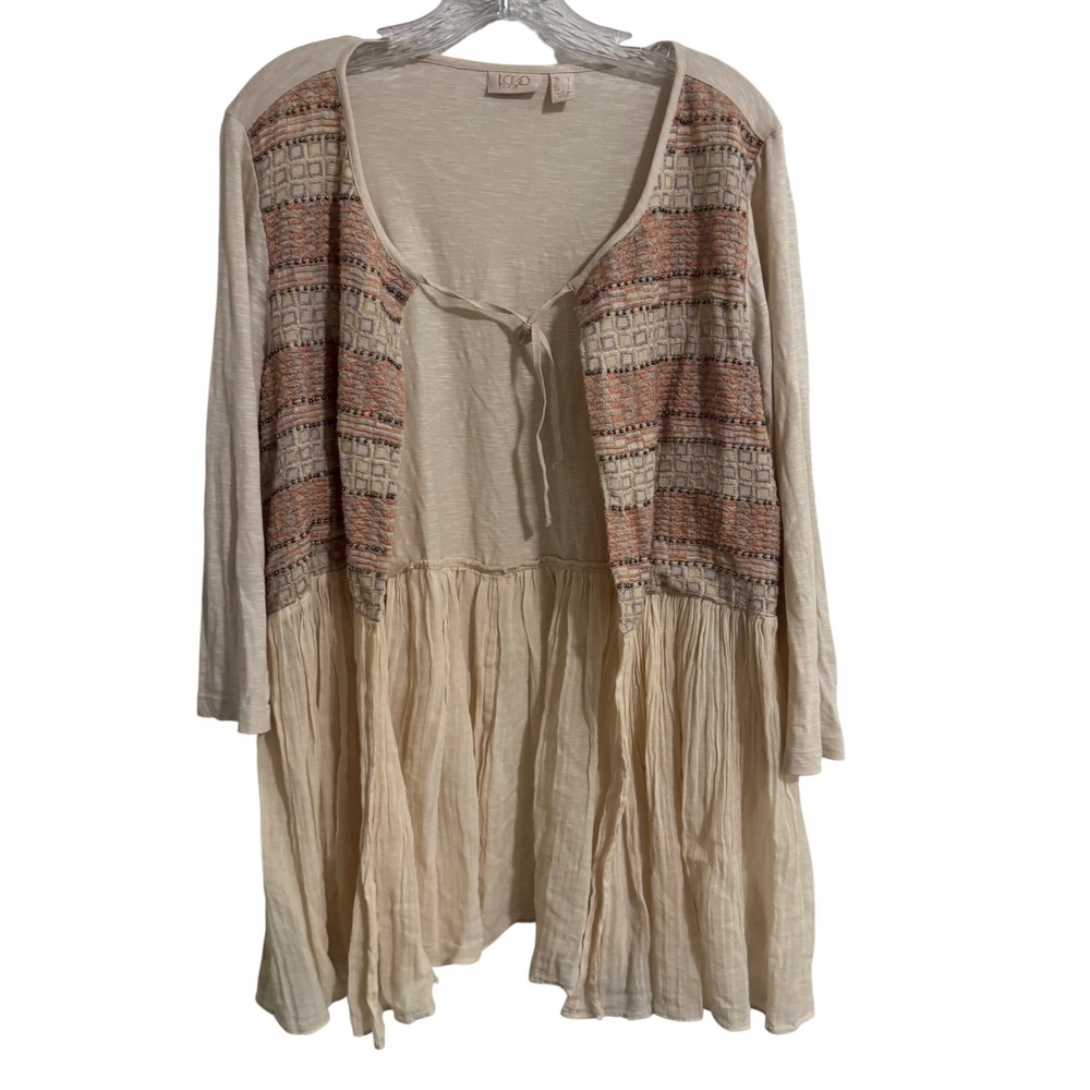 LOGO by Lori Goldstein Embellished Tiered Tunic Top Cream Beige M Boho